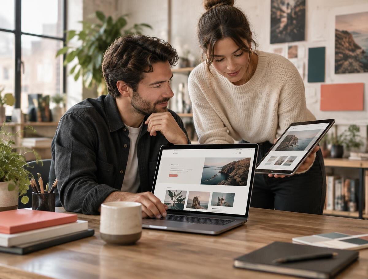 Two collaborators reviewing a polished website on a laptop and tablet