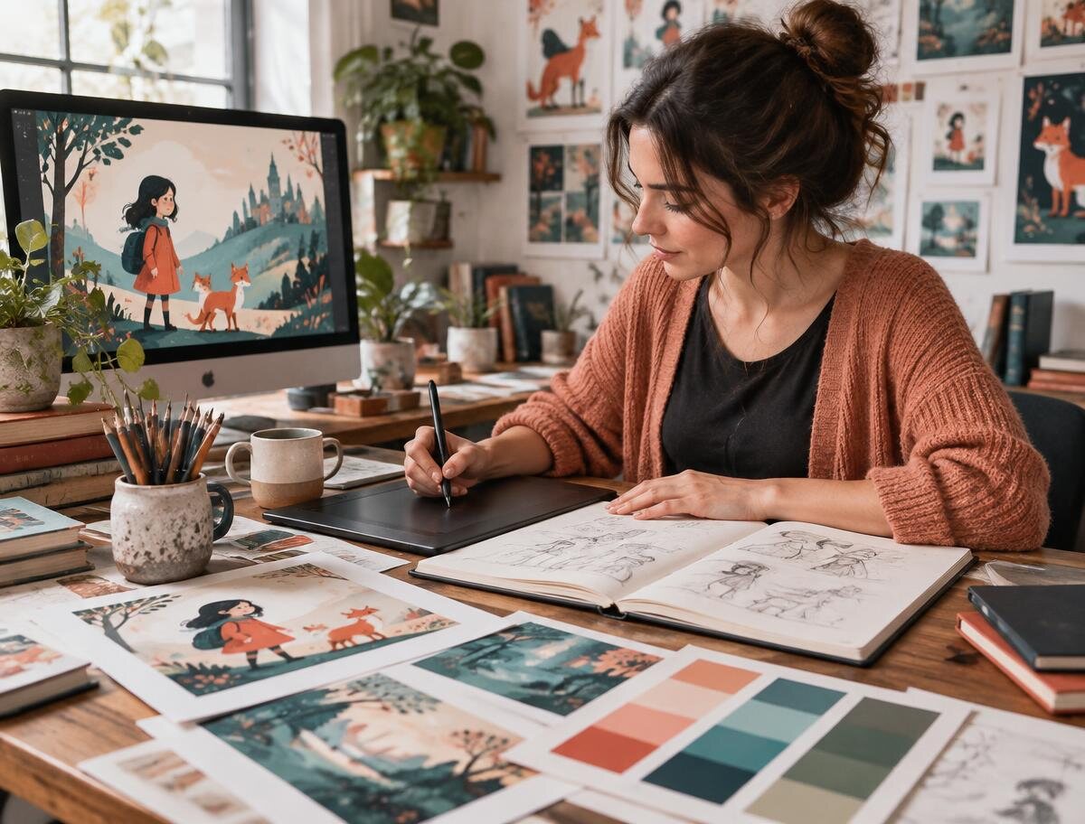 An illustrator developing story artwork in a warm creative studio