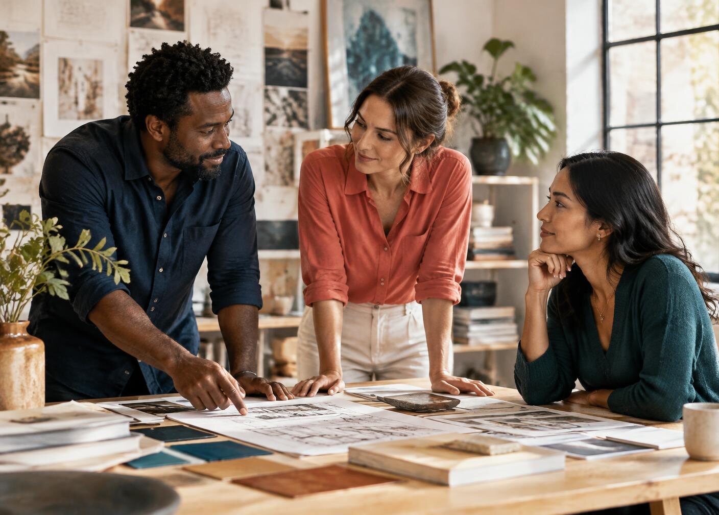 Three collaborators discussing plans around a studio table