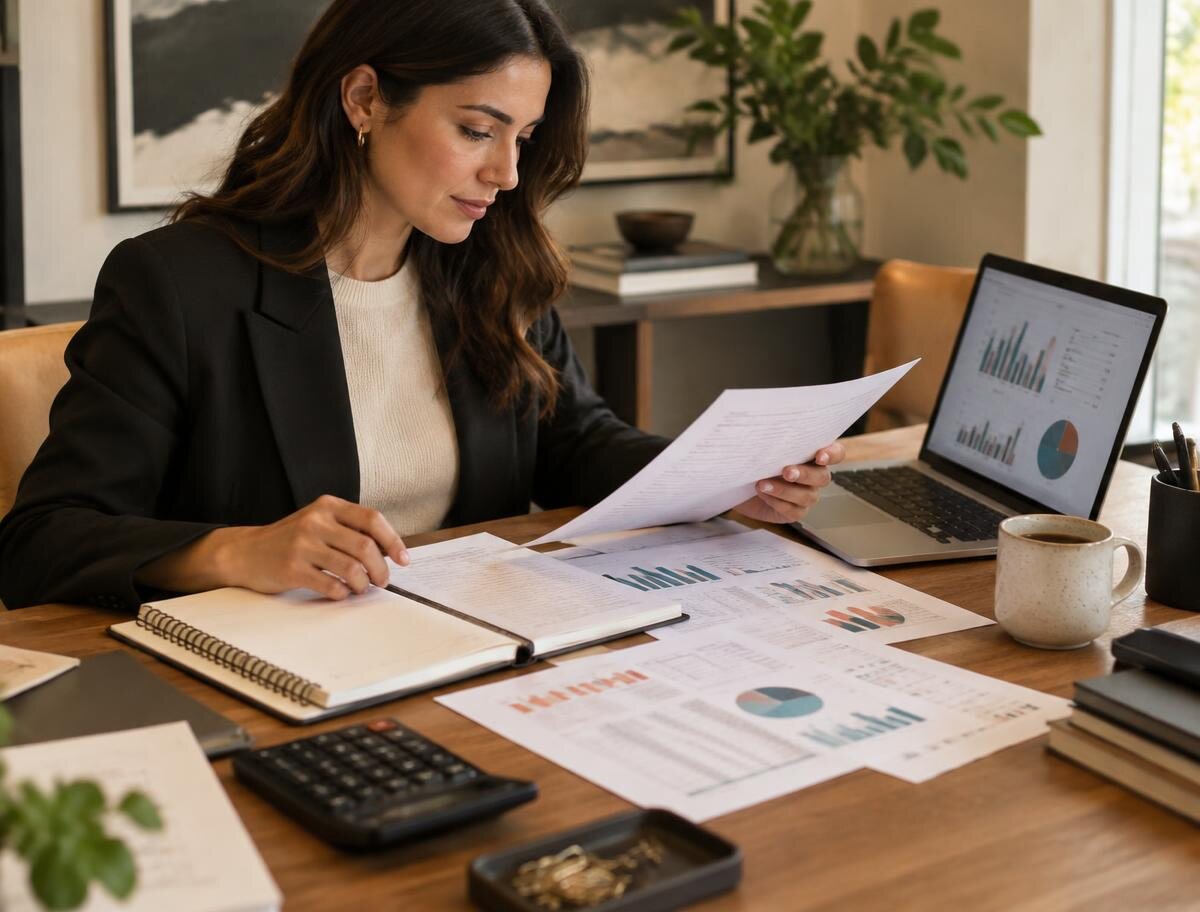 A business owner reviewing reports and charts at her desk