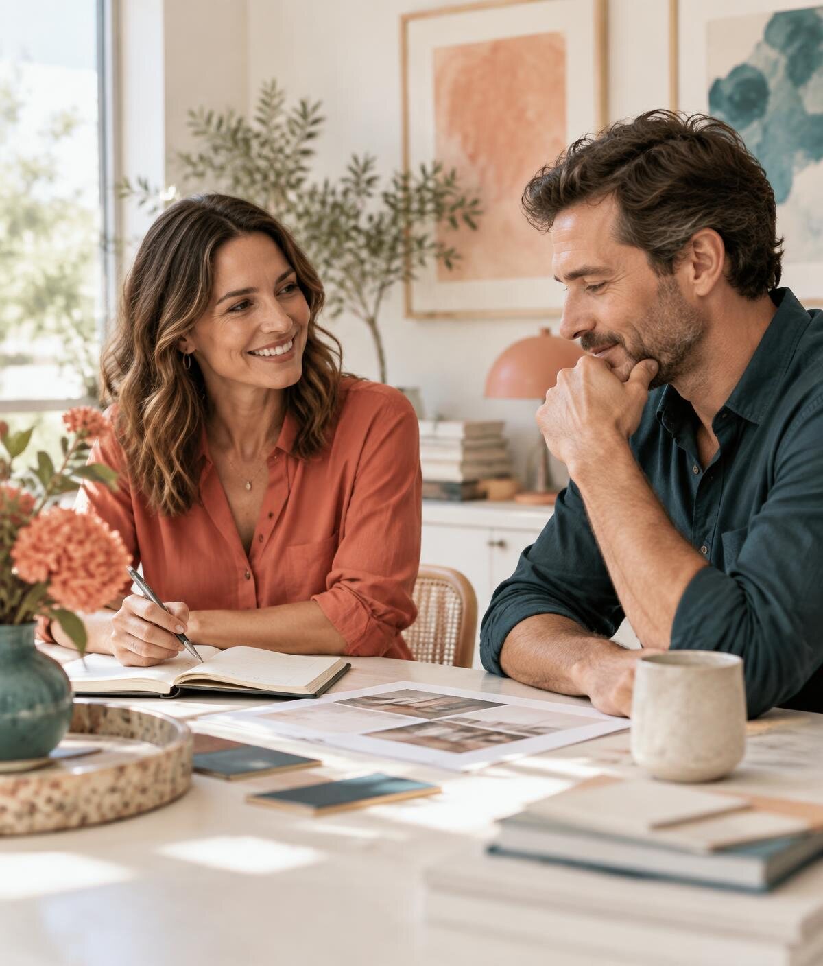 A relaxed project conversation around a creative studio table