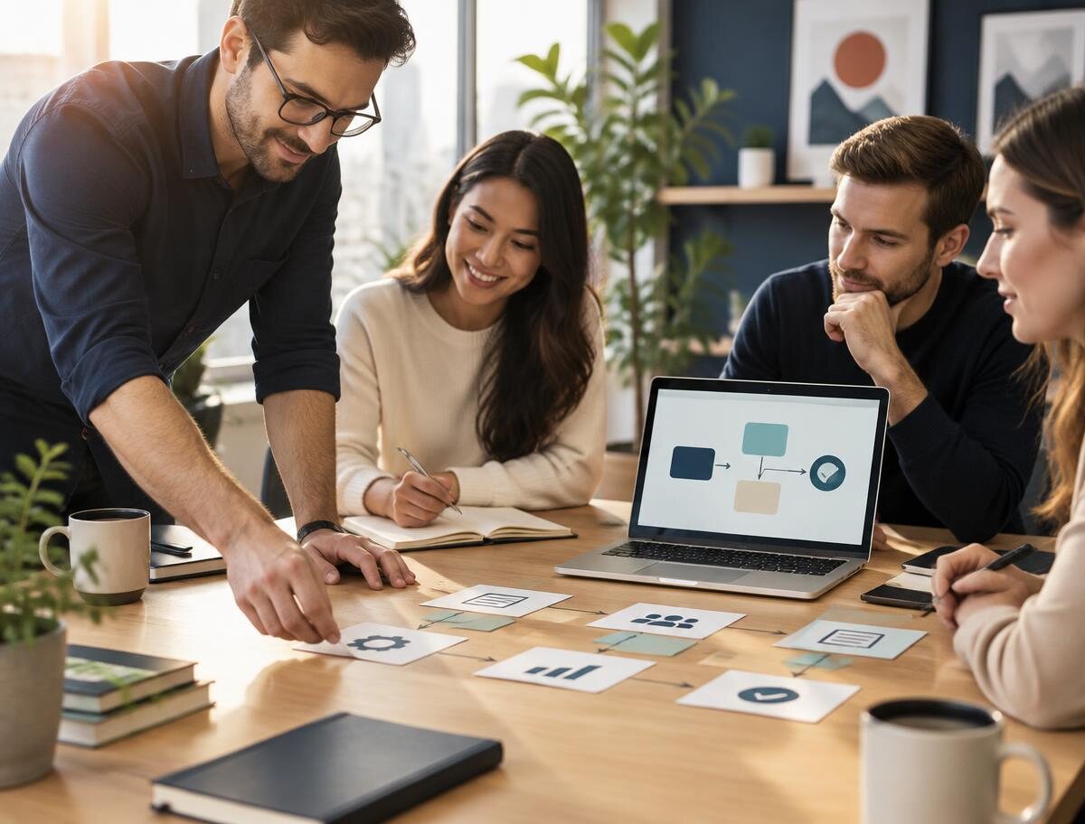 A team mapping a business workflow together around a table
