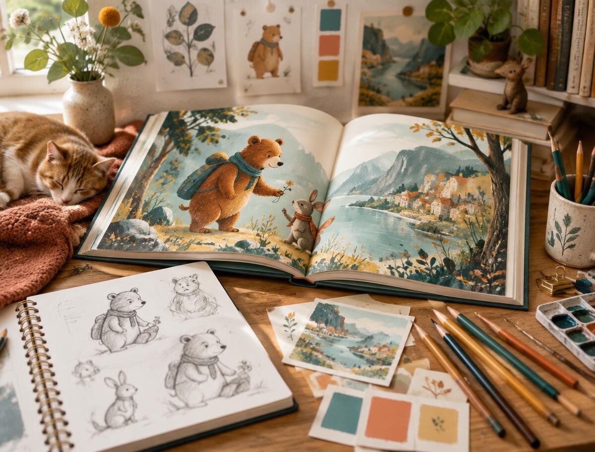 An illustrated children's storybook with sketches and art materials