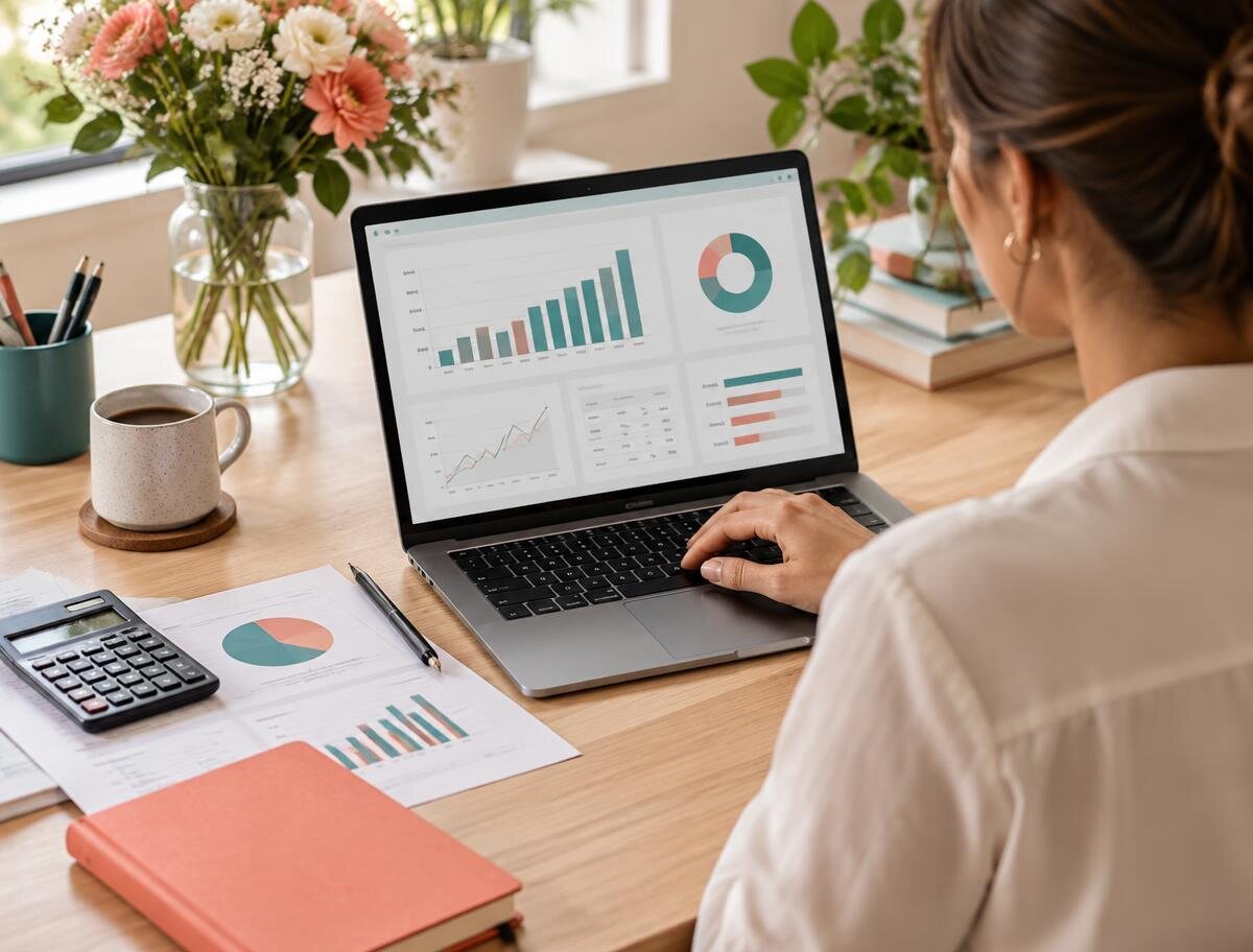 A business owner reviewing a clear reporting workbook